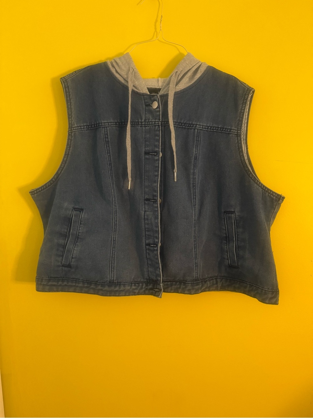 Agnes B. Sleeveless Blue Denim Vest with Gray Hood